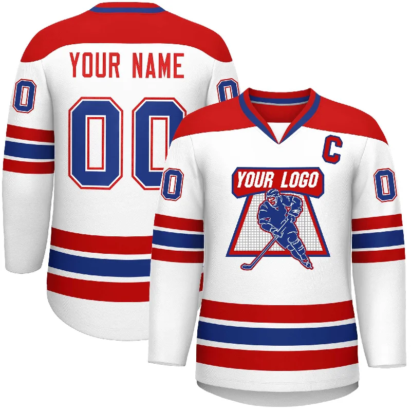 Custom White Red-Royal Personalized Classic V-Neck Hockey Jersey Artistic Men's Hand