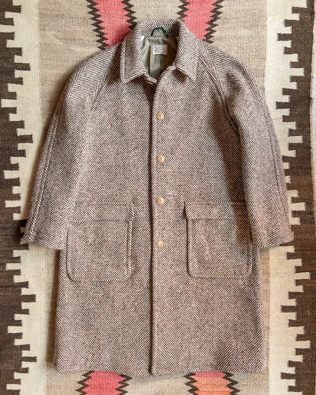 Raglan Wool Overcoat - Brown/Cream Donegal Herringbone Relaxed Men's Beach