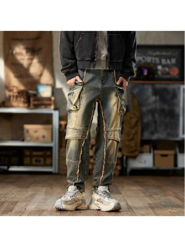 Patchwork Zipper Raged Hem Men's Cargo Jeans Rugged Men's Outdoor 