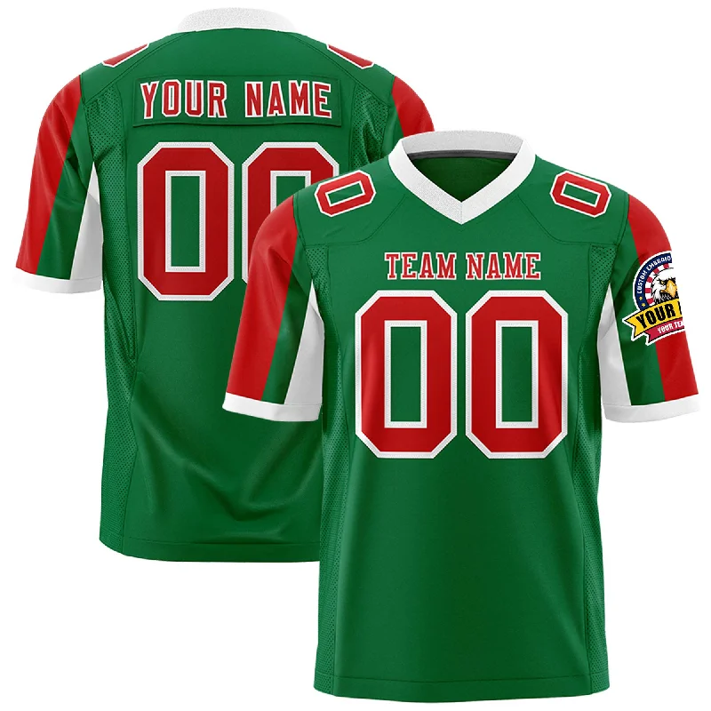 Custom Kelly Green Red-White Color Block Personalized Raglan Sleeves Authentic Football Jersey Street