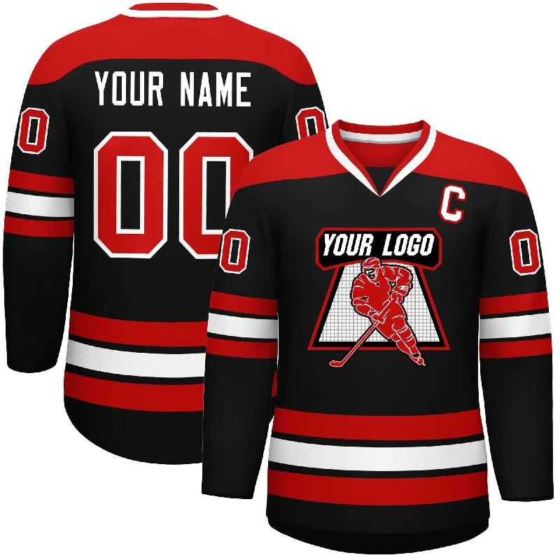 Custom Black Red-White Personalized Classic V-Neck Hockey Jersey Preppy Men's College