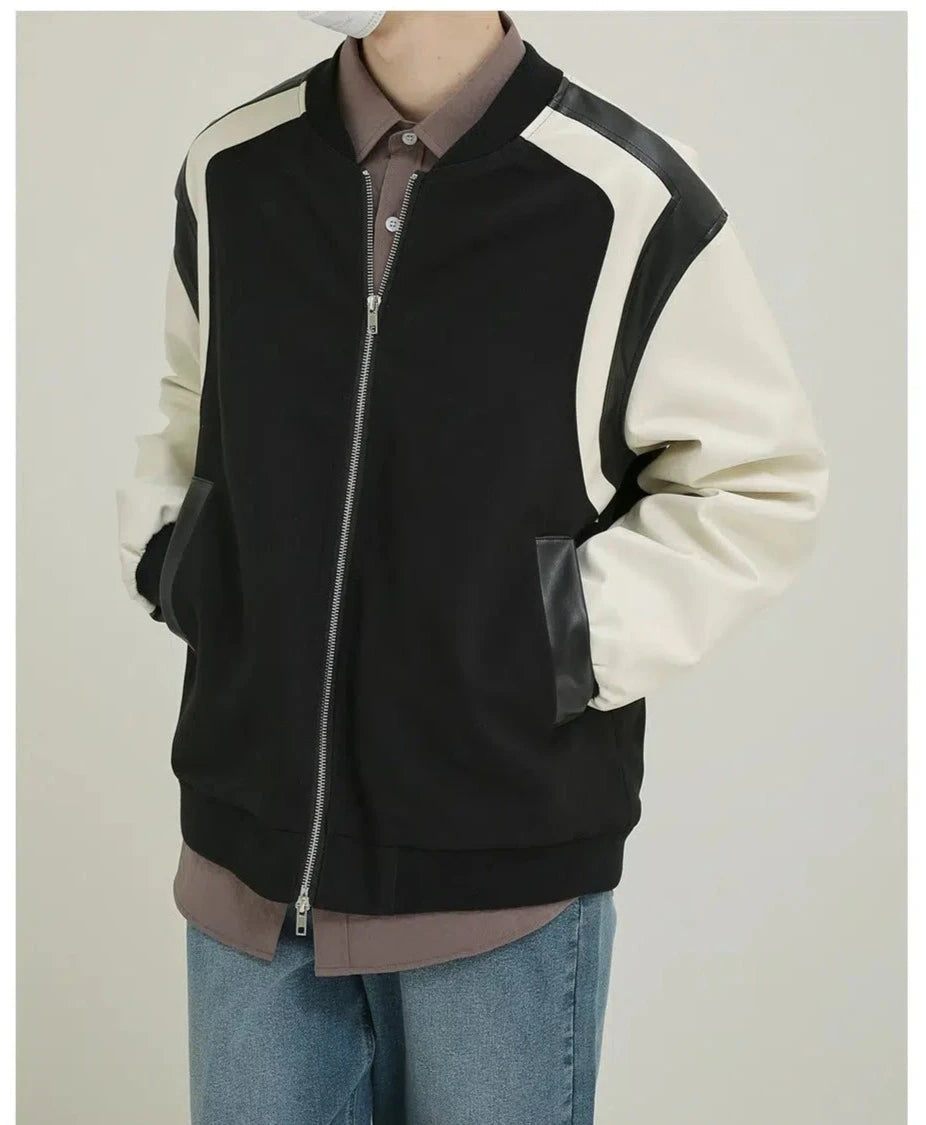 PU Leather Baseball Collar Jacket Edgy Men's Punk