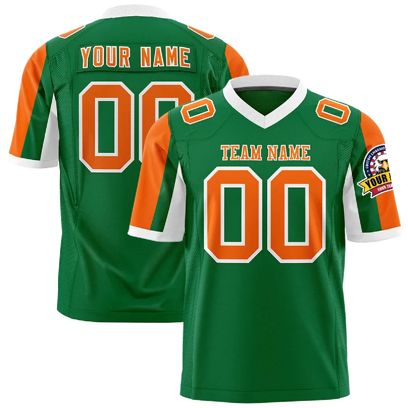 Custom Kelly Green Orange-White Color Block Personalized Raglan Sleeves Authentic Football Jersey Rugged Men's Outdoor 