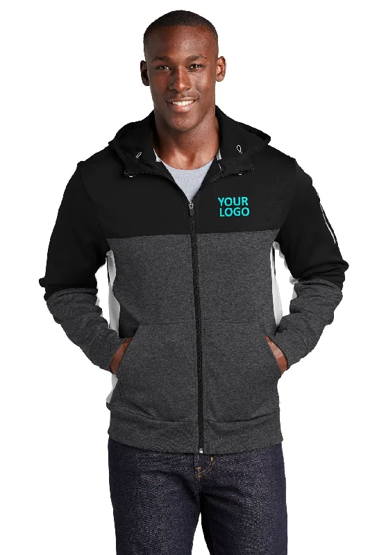 Sport-Tek Tech Fleece Colorblock Branded Full-Zip Hooded Jackets, Black/ Graphite Heather/ White Sophisticated Men's 