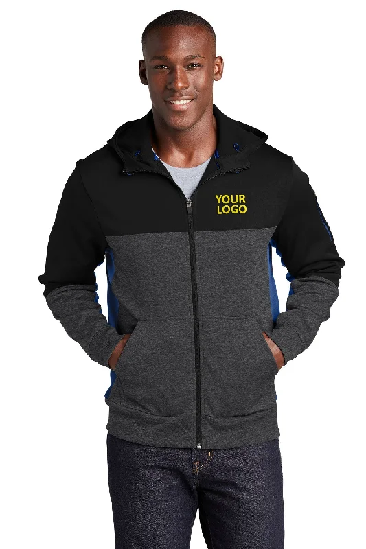 Sport-Tek Tech Fleece Colorblock Branded Full-Zip Hooded Jackets, Black/ Graphite Heather/ True Royal Casual Men's Loose