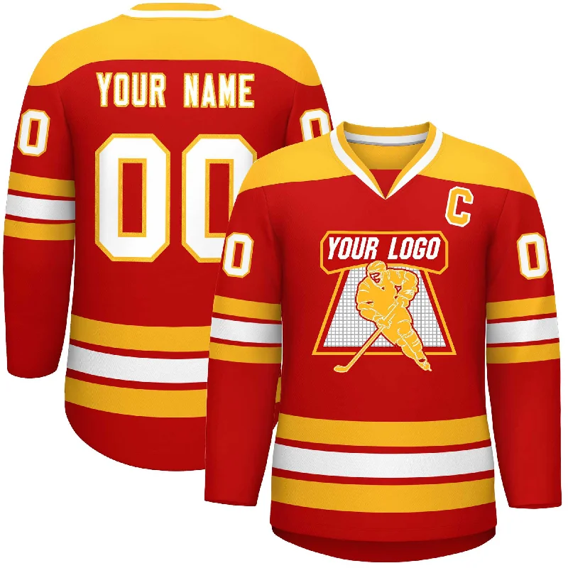 Custom Red Gold-White Personalized Classic V-Neck Hockey Jersey Polished Men's Satin