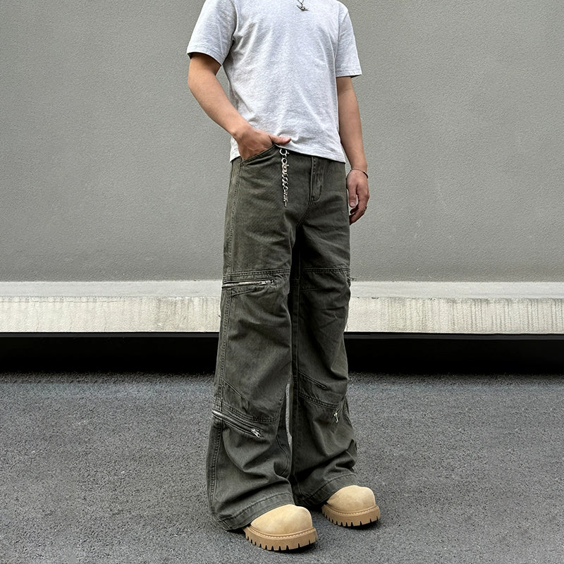 Wide-Leg Zipper Cargo Pants British Gentleman Style