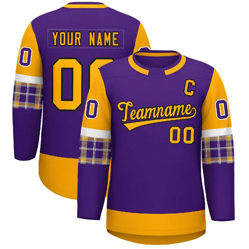 Custom Purple Yellow Personalized Raglan Sleeves Round-Neck Hockey Jersey Stylish Men's Tropical 