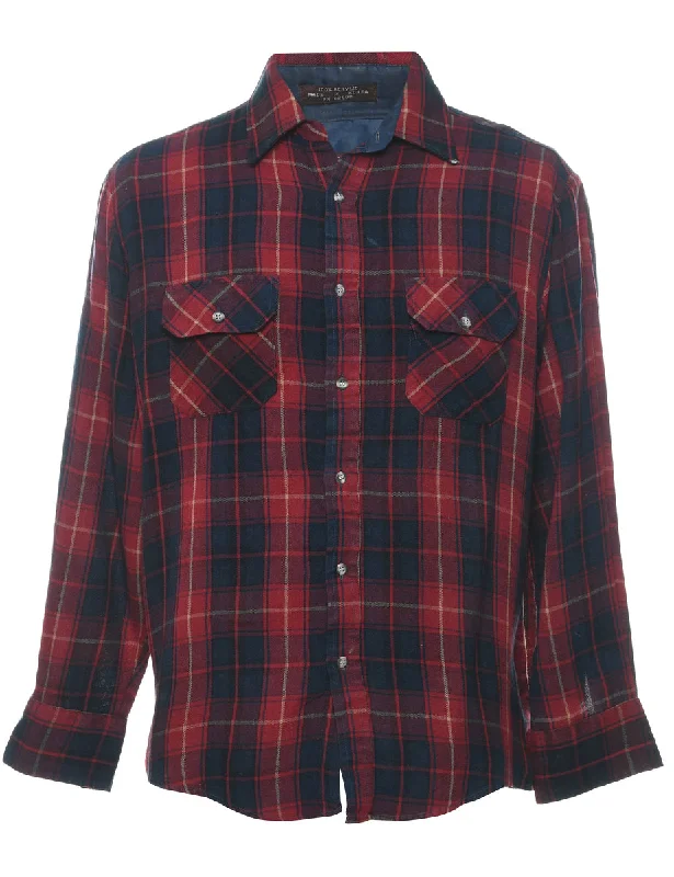 Long Sleeved Navy & Red Classic Checked Shirt - M Sleek Men's Metallic