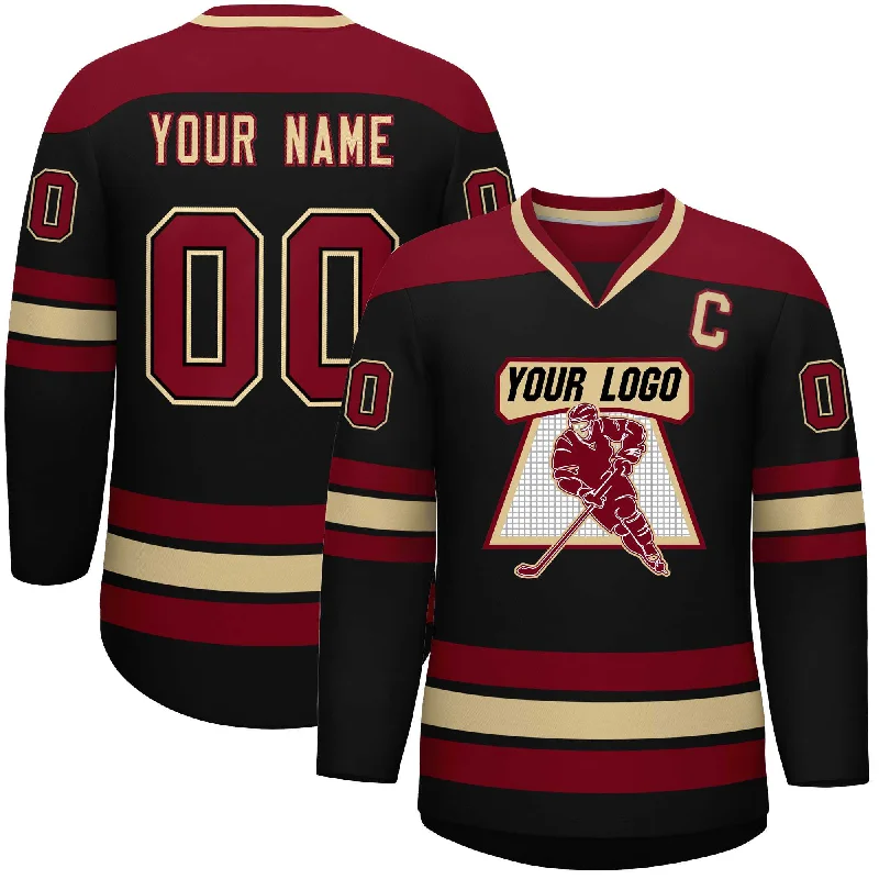 Custom Black Crimson-Khaki Personalized Classic V-Neck Hockey Jersey British Gentleman Style