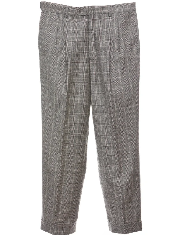 Grey Pleated Checked Pattern Trousers - W36 L31 Luxurious Men's High