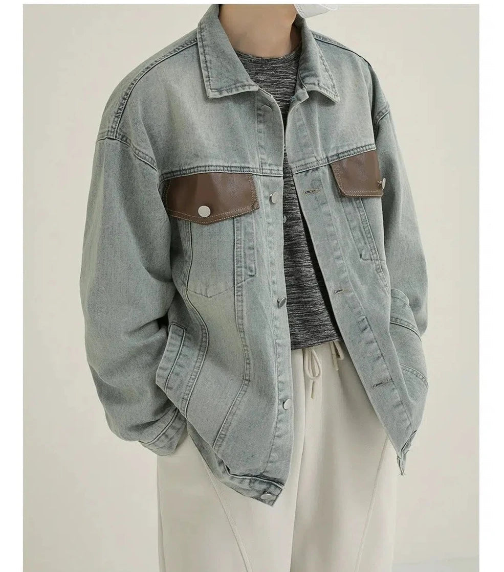 Light Blue Leather Lapel Denim Jacket Business