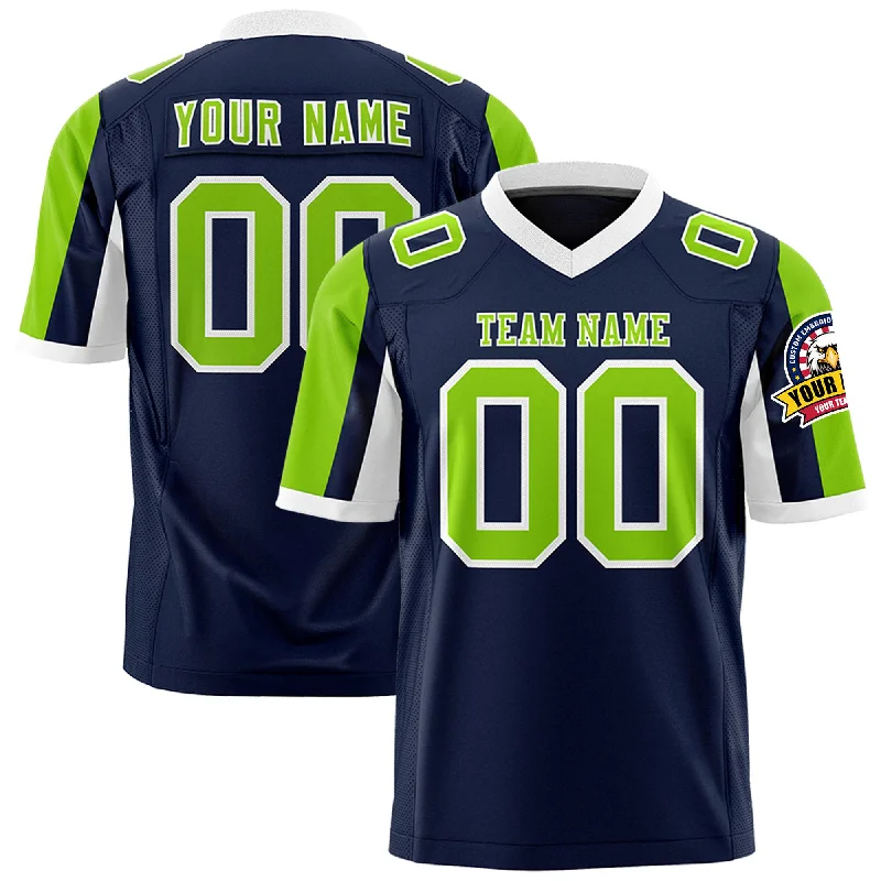 Custom Navy Neon Green-White Color Block Personalized Raglan Sleeves Authentic Football Jersey Sophisticated Men's French