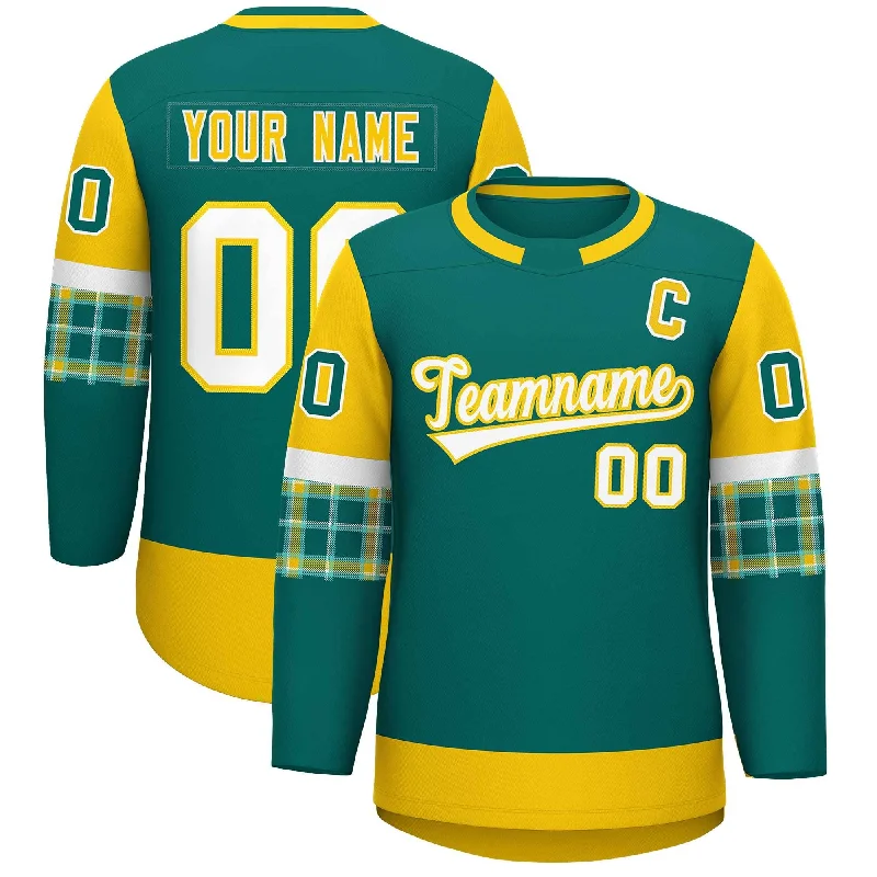 Custom Aqua Gold Personalized Raglan Sleeves Round-Neck Hockey Jersey Masculine Men's Thick