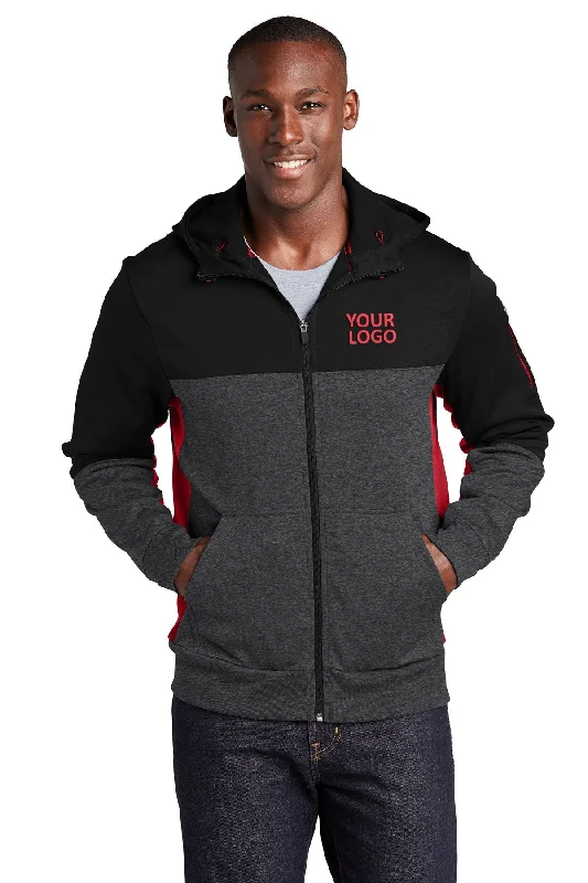 Sport-Tek Tech Fleece Colorblock Branded Full-Zip Hooded Jackets, Black/ Graphite Heather/ True Red Unique Men's Upcycled