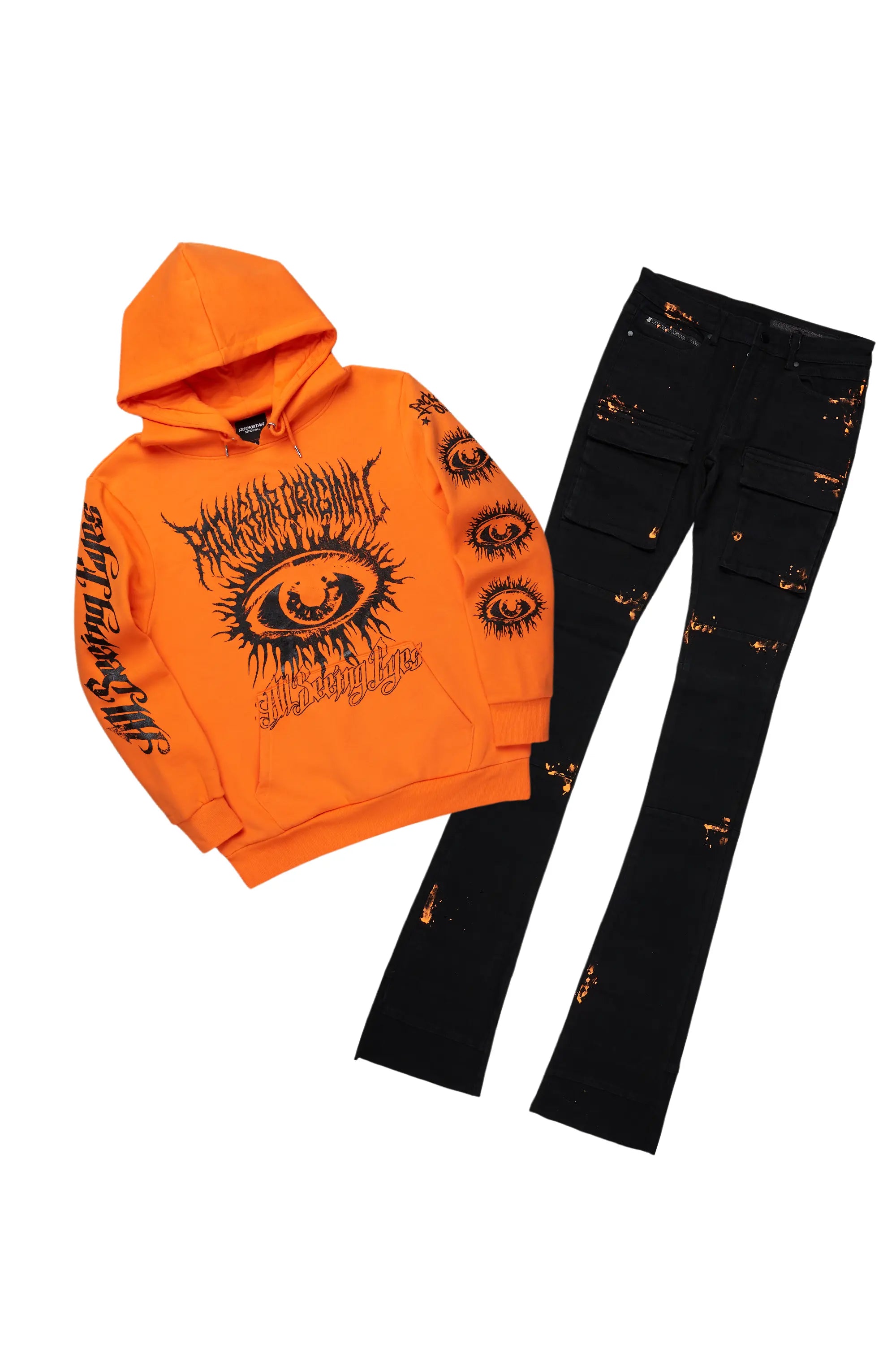 All Seeing Eyes Orange Hoodie/Super Stacked Flare Jean Bundle Trendy Men's Bucket