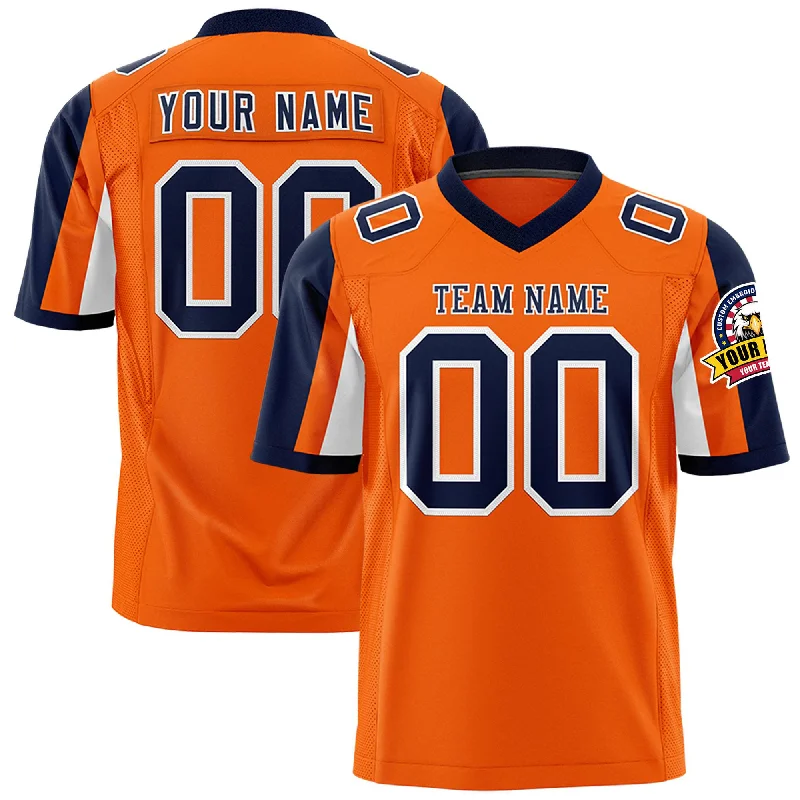 Custom Orange Navy-White Color Block Personalized Raglan Sleeves Authentic Football Jersey Sleek Men's Contemporary 