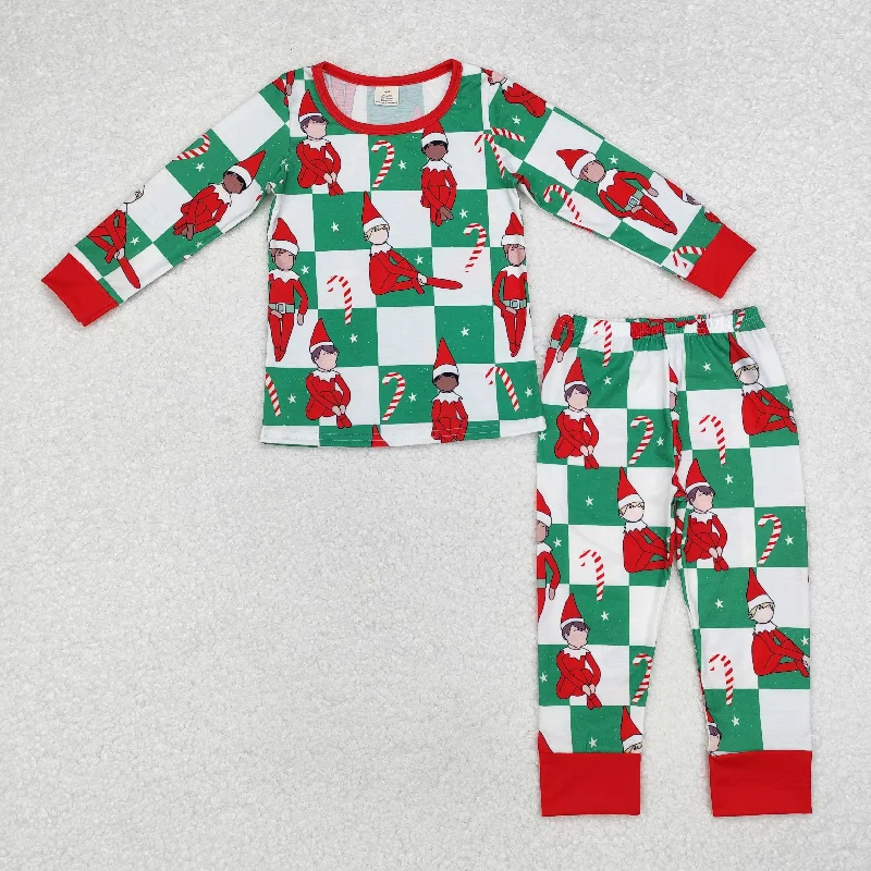 BLP0875 Modal Christmas Elf Crutch Green and white plaid long-sleeved pants pajamas set Casual Men's Short