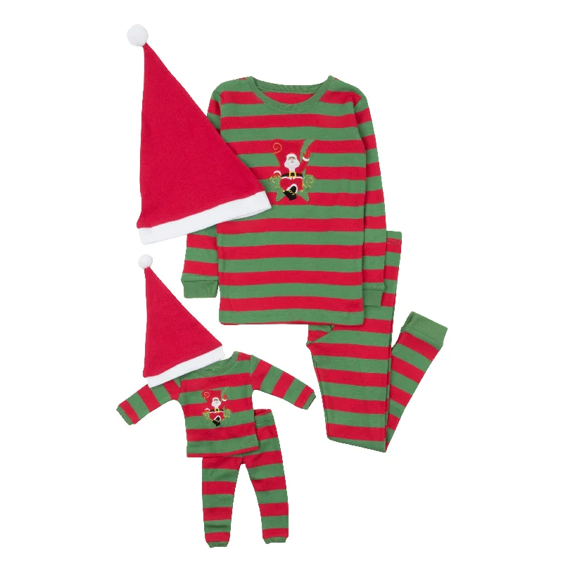 Christmas Girls and Matching Doll Cotton Pajamas Striped Santa Red and Green with Hat Sporty Men's Athleisure 