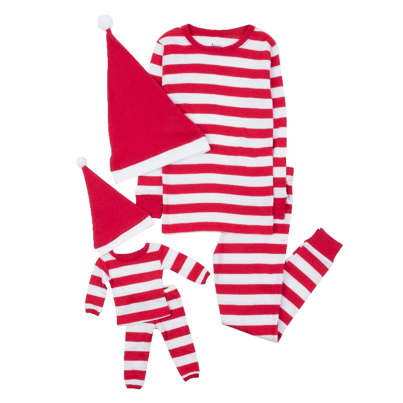 Christmas Girls and Matching Doll Cotton Pajamas Striped Red and White with Hat Earthy Men's Hemp