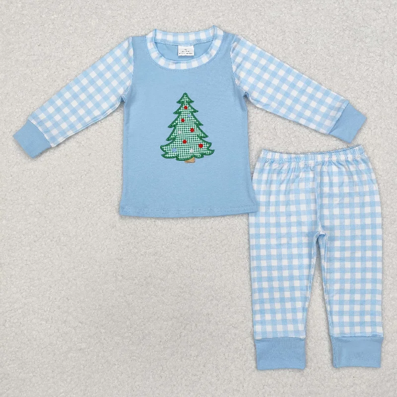 BLP0749 Embroidered Christmas tree blue plaid long sleeve pants pajamas set British Gentleman Style