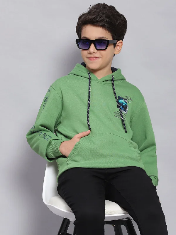 Boys Green Printed Hooded Full Sleeve Sweatshirt Cozy Men's Sherpa