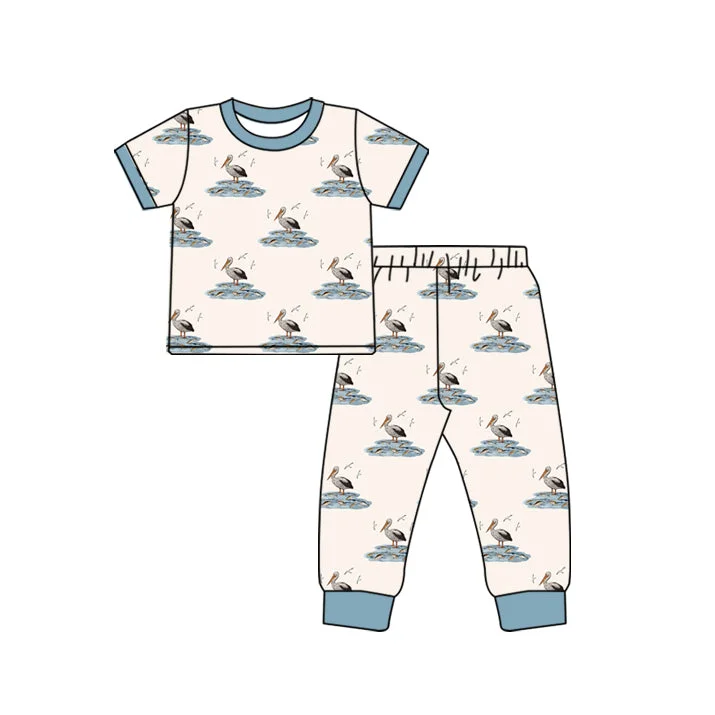 Preorder BSPO0508 Pelican bird fishing beige blue short-sleeved pant pajamas set Modern Men's Tech