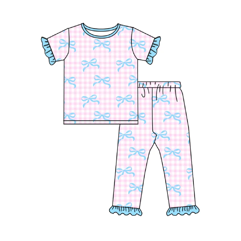 Preorder GSPO1736 Bow pattern Blue Lace pink plaid short-sleeved trousers pajamas set high quality Confident Men's Power