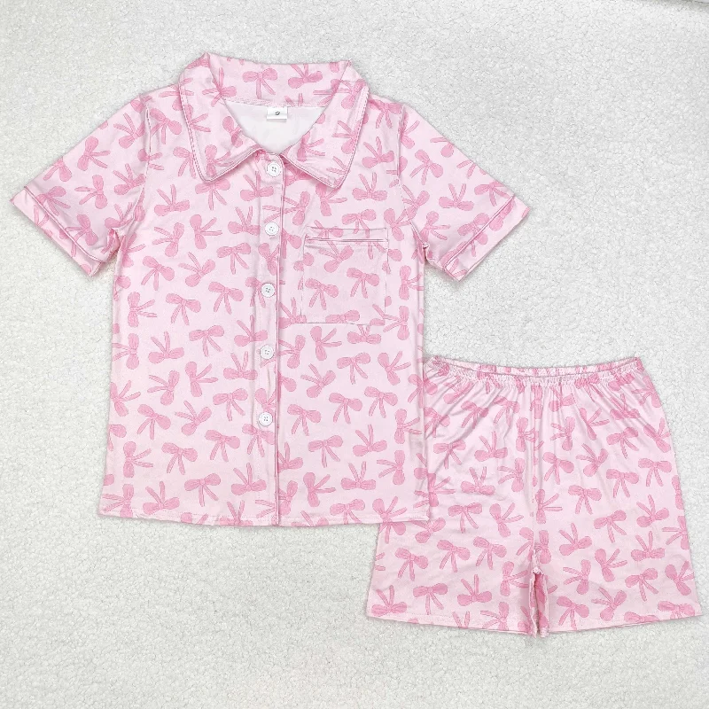 GSSO1535 Adult women's pink bows button short sleeve pants pajamas set New arrival Stylish Men's Tropical 