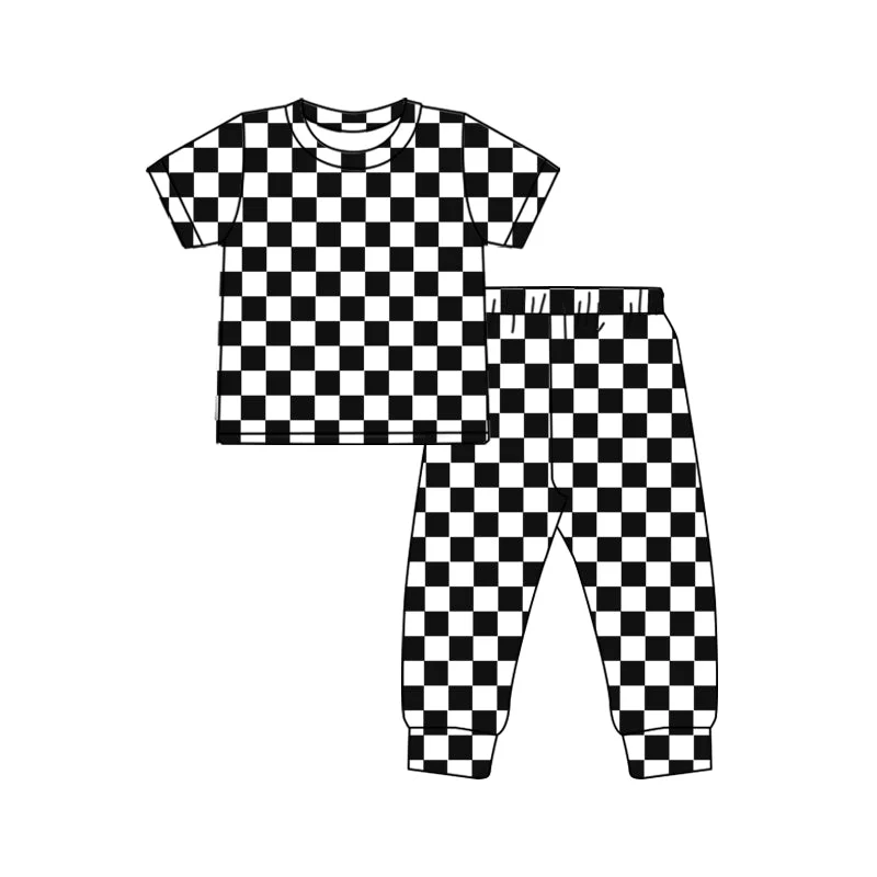 Preorder GSPO1753 Black and white plaid short-sleeved trousers pajamas set Stylish Men's Tropical 