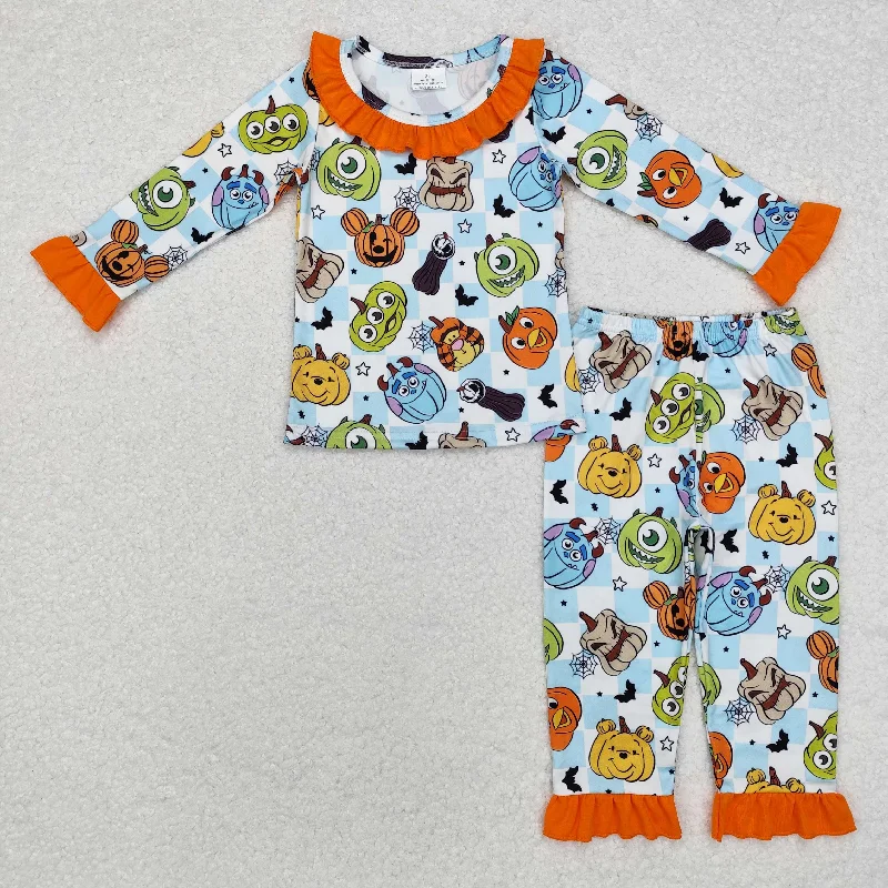 GLP1738 Halloween Monsters University Orange Lace blue and white plaid long sleeve pants pajamas set Modern Men's Geometric