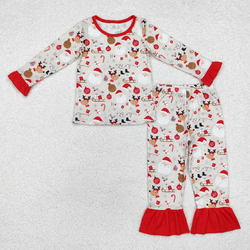 GLP1508 Modal Santa Claus Reindeer Gift Lace brown red long sleeve pants pajamas set New arrival Laid