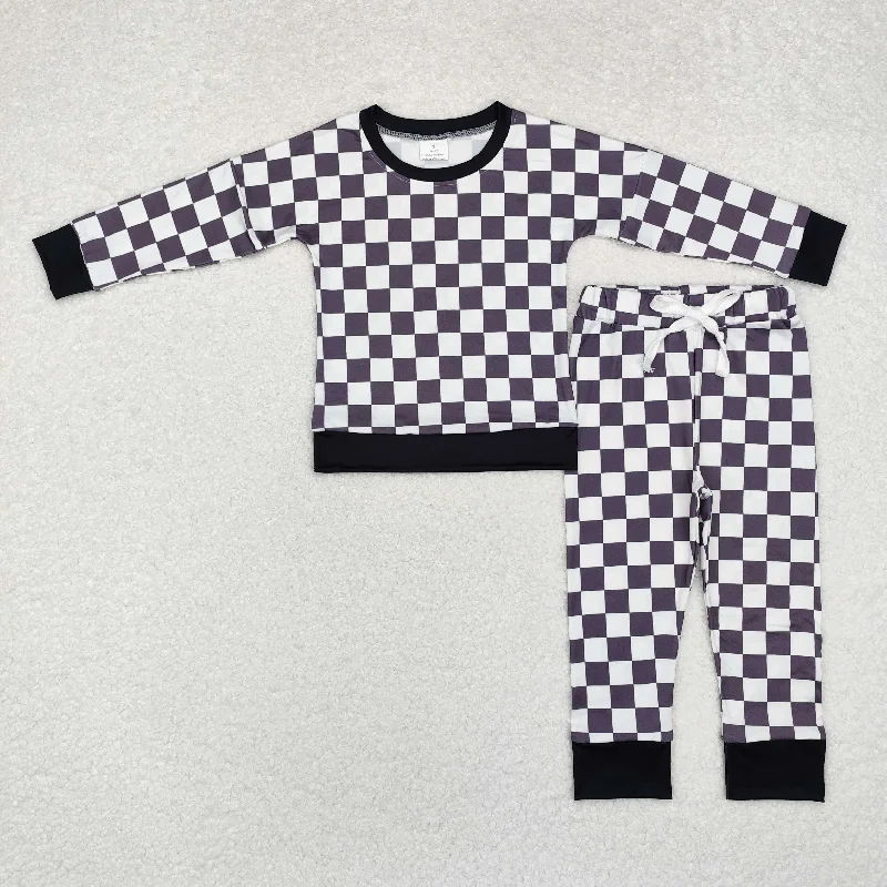 BLP0786 Black and white plaid long-sleeved trousers pajamas set Bold Men's Statement