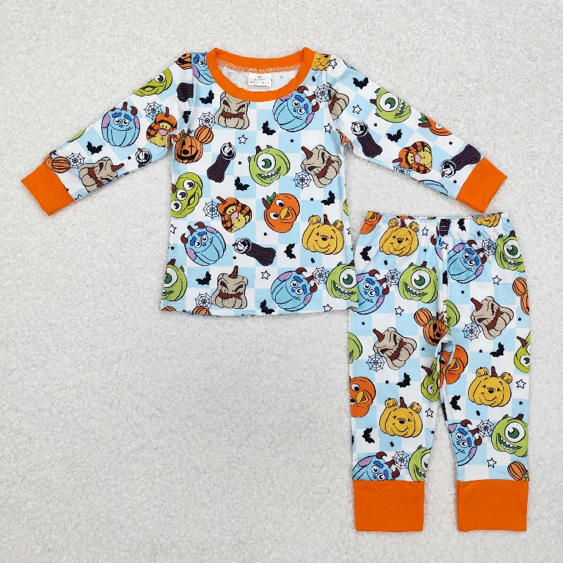 BLP0809 Halloween Monsters University Orange border blue and white plaid long sleeve pants pajamas set Refined Men's Hand