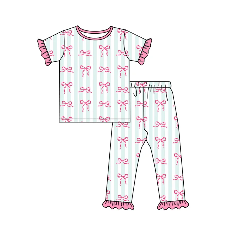 Preorder GSPO1749 Bow-patterned pink lace striped short-sleeved pant pajamas set Refined Men's Hand