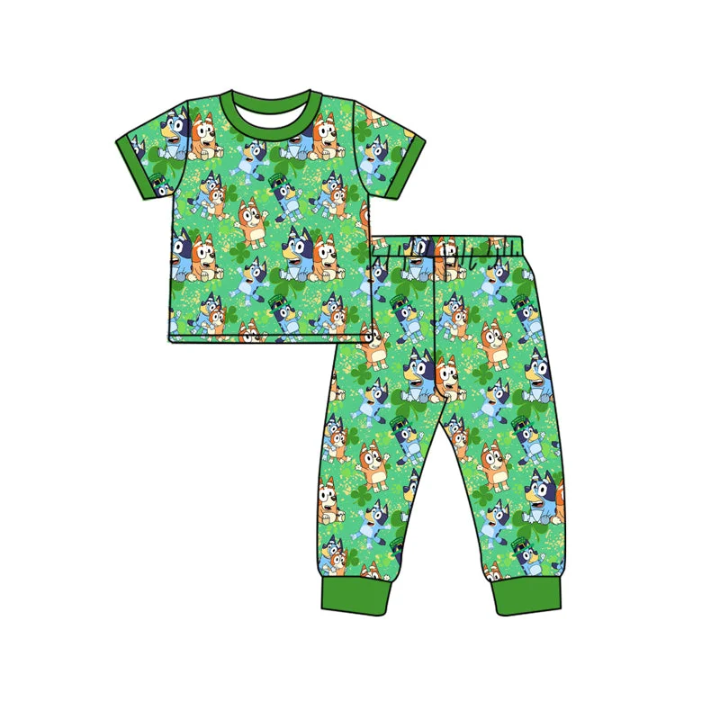 Preorder BSPO0511 bluey four-leaf Clover green short-sleeved pant pajamas set Streetwear Style