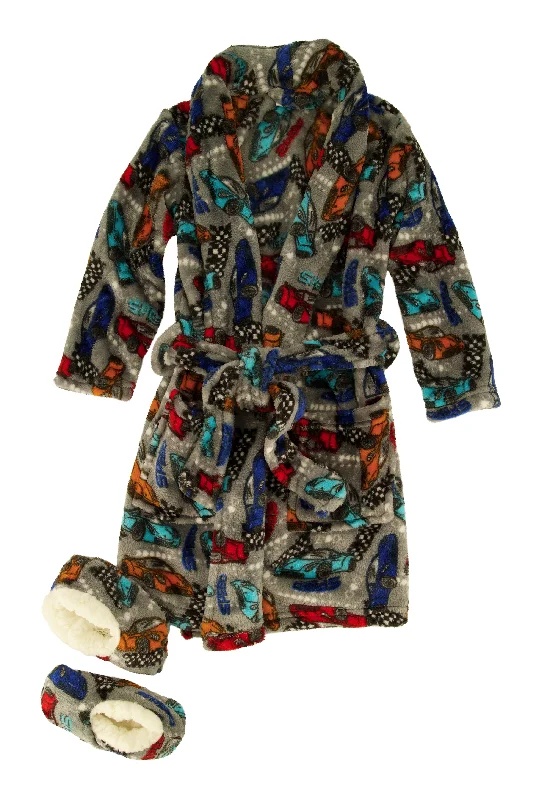 Toddler Boys Race Car Print Robe with Slippers Cool Men's Distressed