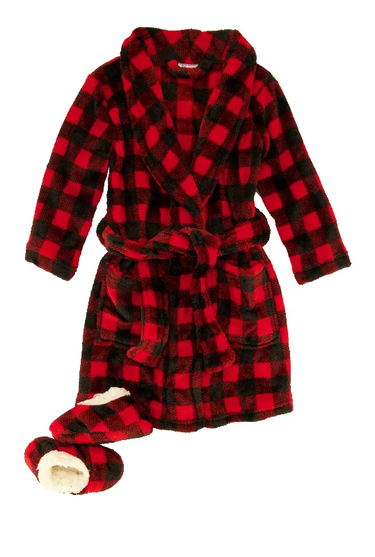 Toddlers Buffalo Plaid Robe with Sherpa Slippers Masculine Men's Thick